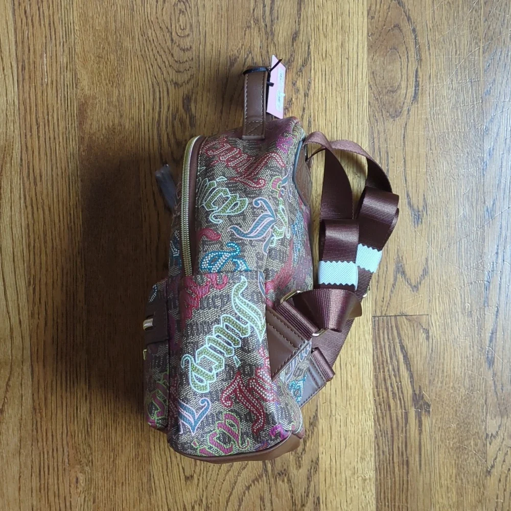 NWT Juicy Couture Graffiti Logo Mini Backpack Y2K Vibes Brown And Multicolor